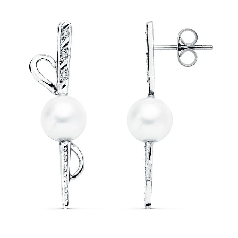 18K PENDIENTES ORO BLANCO PERLA 30X9 MM CIERRE PRESION