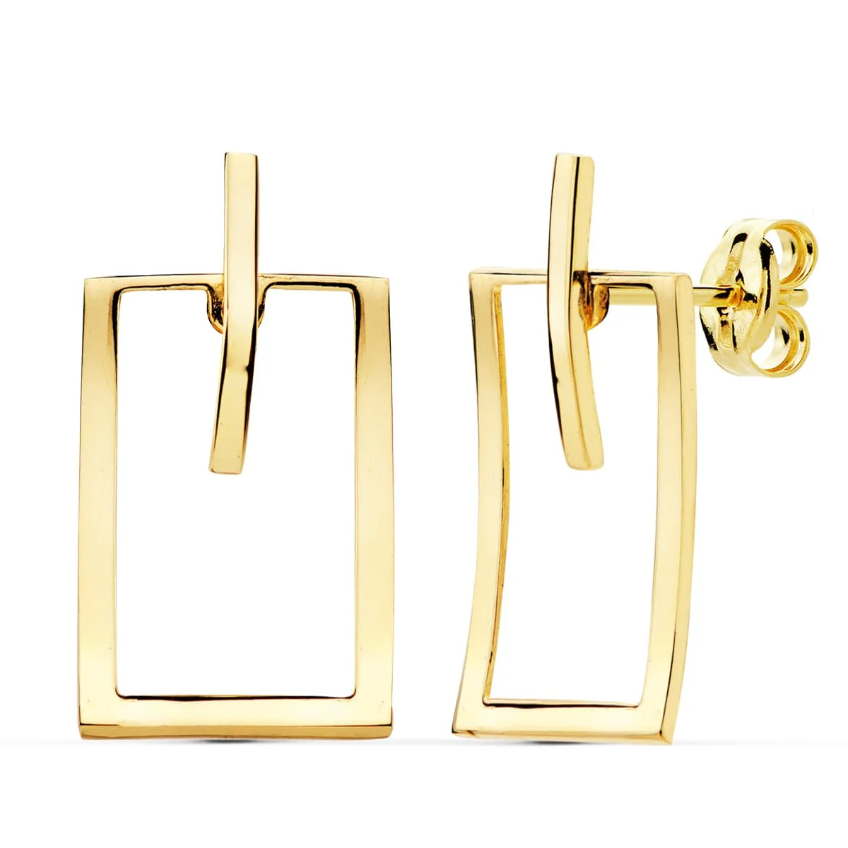 18K PENDIENTES ORO AMARILLO RECTANGULO Y BARRA 20X11 MM CIERRE PRESION