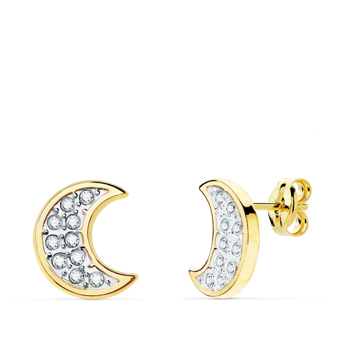 18K PENDIENTES ORO BICOLOR LUNA CON CIRCONITA 11X9 MM CIERRE PRESION.