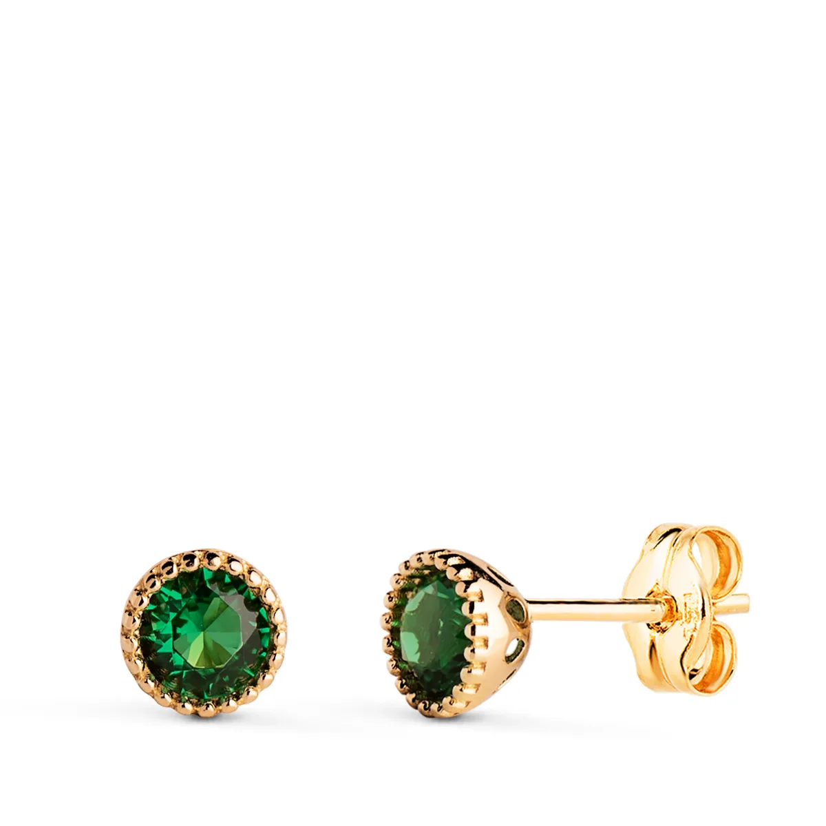 18K PENDIENTES ORO AMARILLO REDONDOS PIEDRA VERDE BORDES BOLITAS. MEDIDA: 5MM. CIERRE PRESION