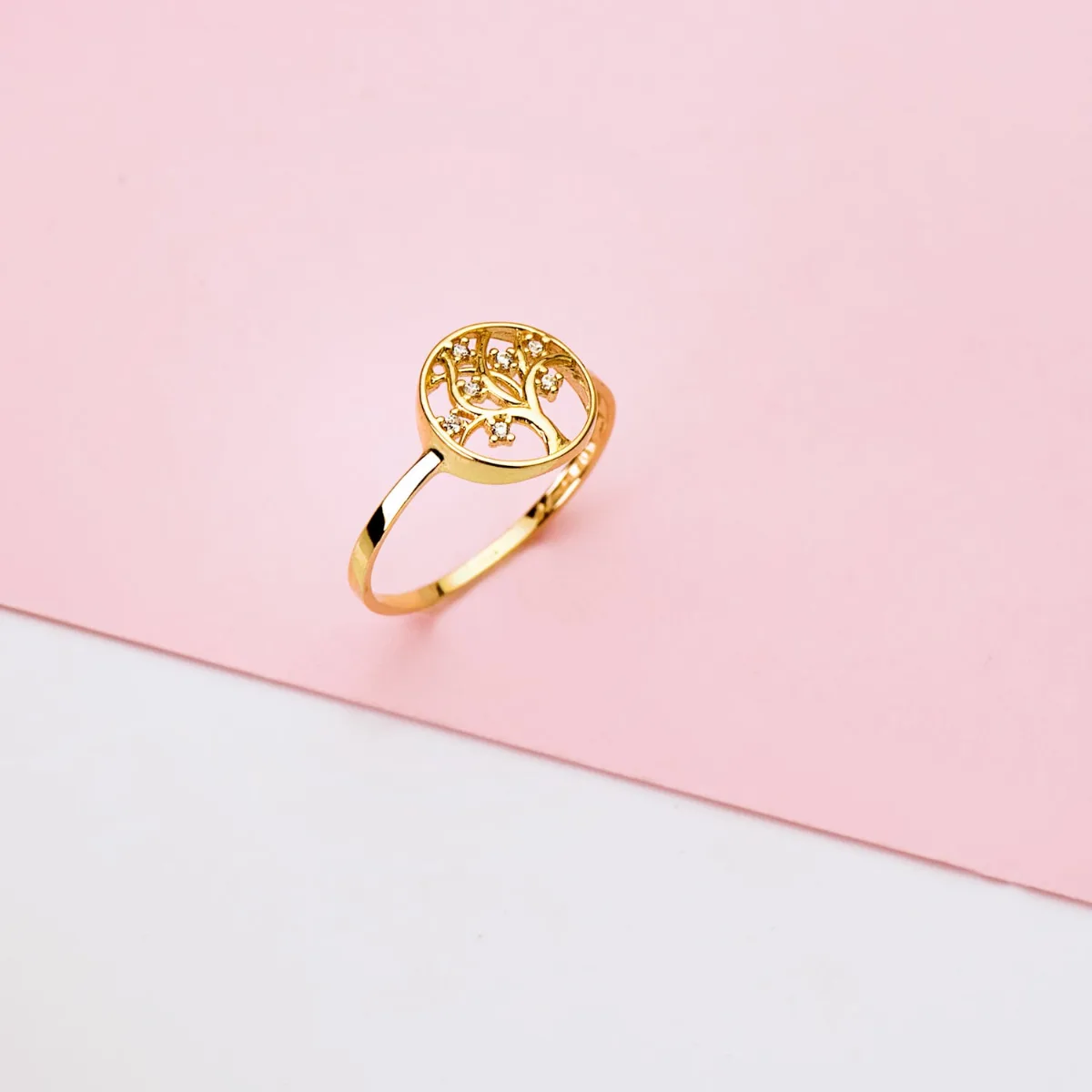 18K SORTIJA ORO AMARILLO ARBOL DE LA VIDA CIRCONITA 10 MM ANCHO CUERPO 1.2 MM — vista 2