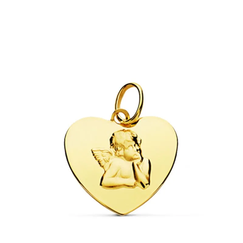 18K COLGANTE ORO AMARILLO CORAZON BRILLO Y ANGELITO BURLON. 14 MM C. AMOR