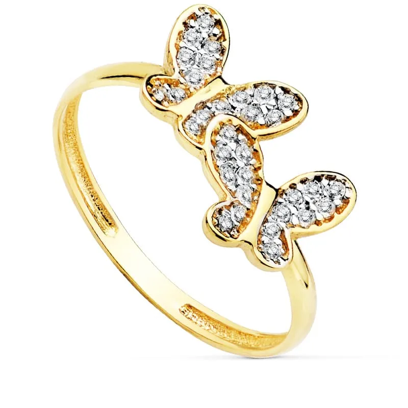 18K SORTIJA ORO BICOLOR CON DOS MARIPOSAS Y ALAS DE CIRCONITAS