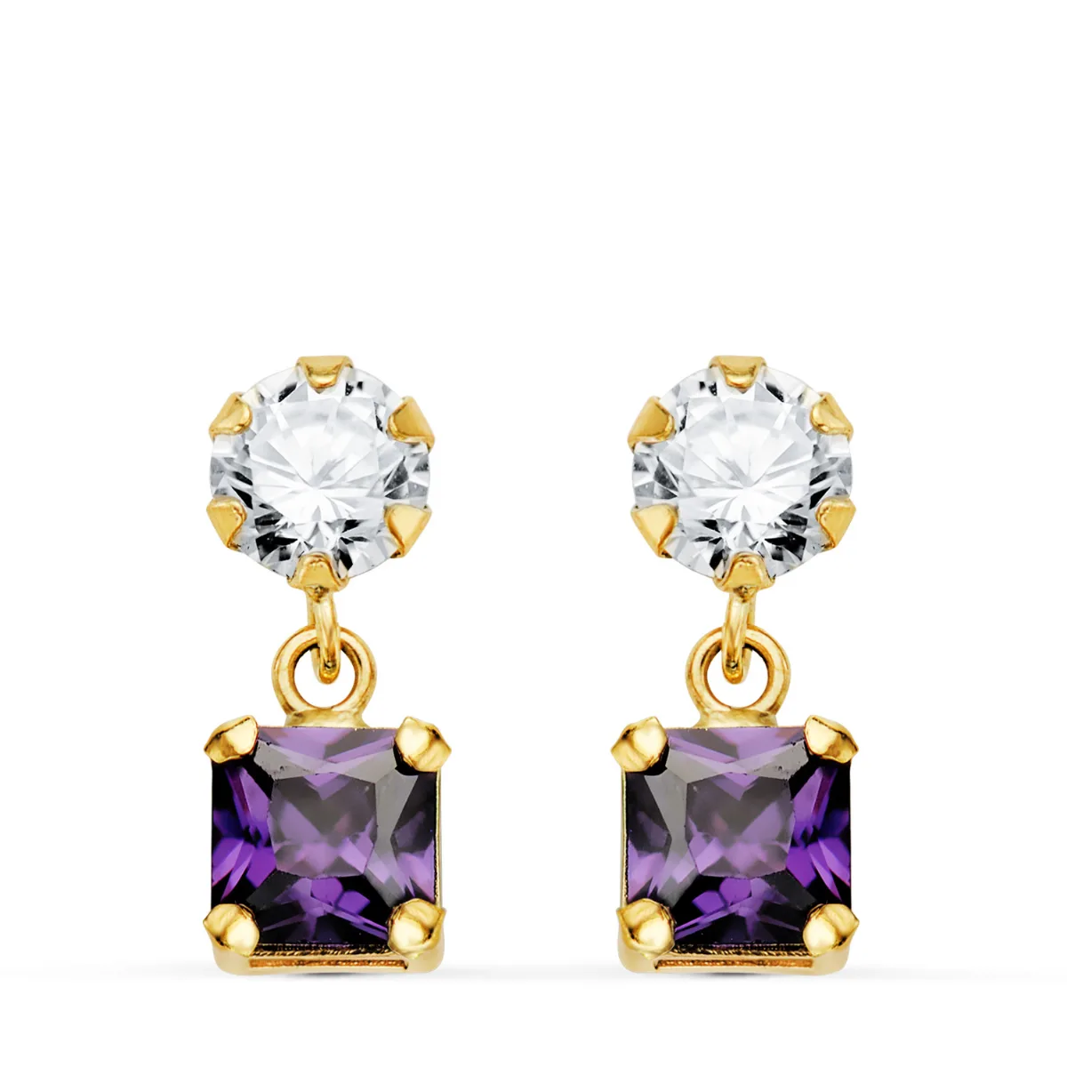 18K PENDIENTES ORO AMARILLO DOS CUERPOS CON CIRCONITA Y AMATISTA CUADRADA 14 X 5MM. CIERRE PRESION