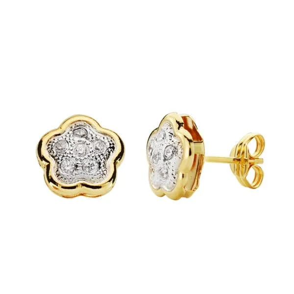 18K PENDIENTES FLOR CIRCONITA ORO BICOLOR 8X8 MM CIERRE PRESION