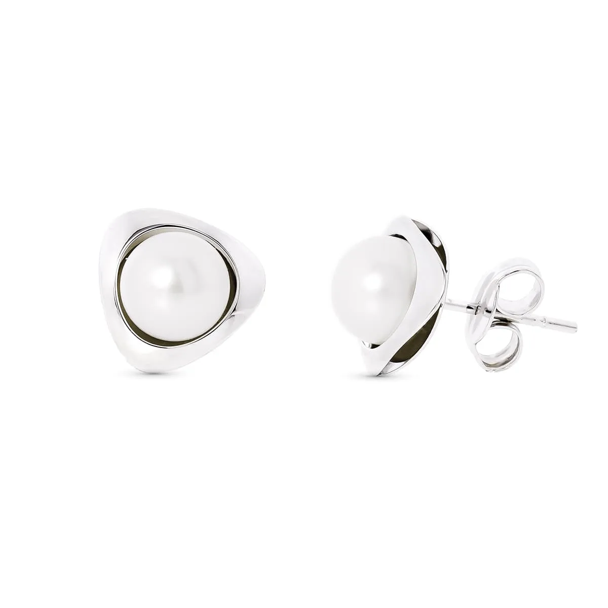 18K PENDIENTES ORO BLANCO PERLA TRIANGULO 9X9 MM CIERRE PRESION