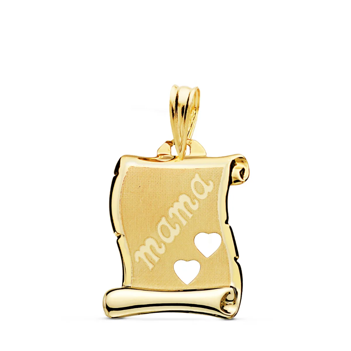9K PLACA CHAPA COLGANTE PERGAMINO ORO AMARILLO BRILLO Y MATE MAMA CON CORAZONES CALADOS 18X14 MM
