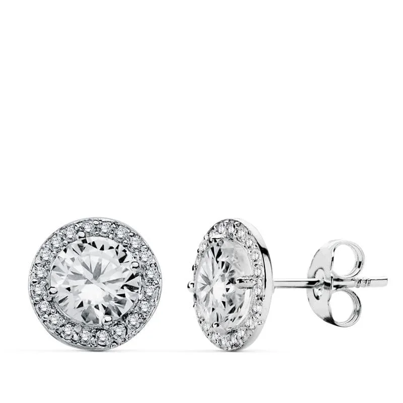 18K PENDIENTES ORO BLANCO REDONDOS CIRCONITA 9 MM CIERRE PRESION