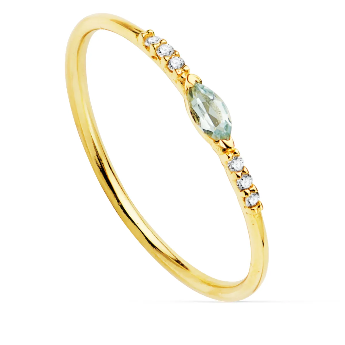 18K SORTIJA ORO AMARILLO DIAMANTES 0.030 QTS. G-VS2 AGUAMARINA 4X2 MMCUERPO 1 MM