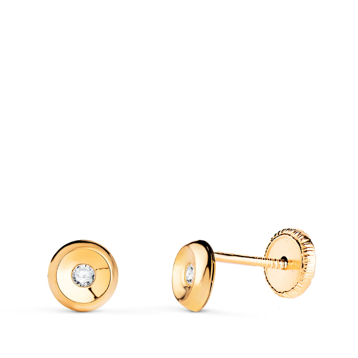 18K PENDIENTES ORO AMARILLO CHATON REDONDOS CON CIRCONITA. MEDIDA: 5 MM. CIERRE TUERCA