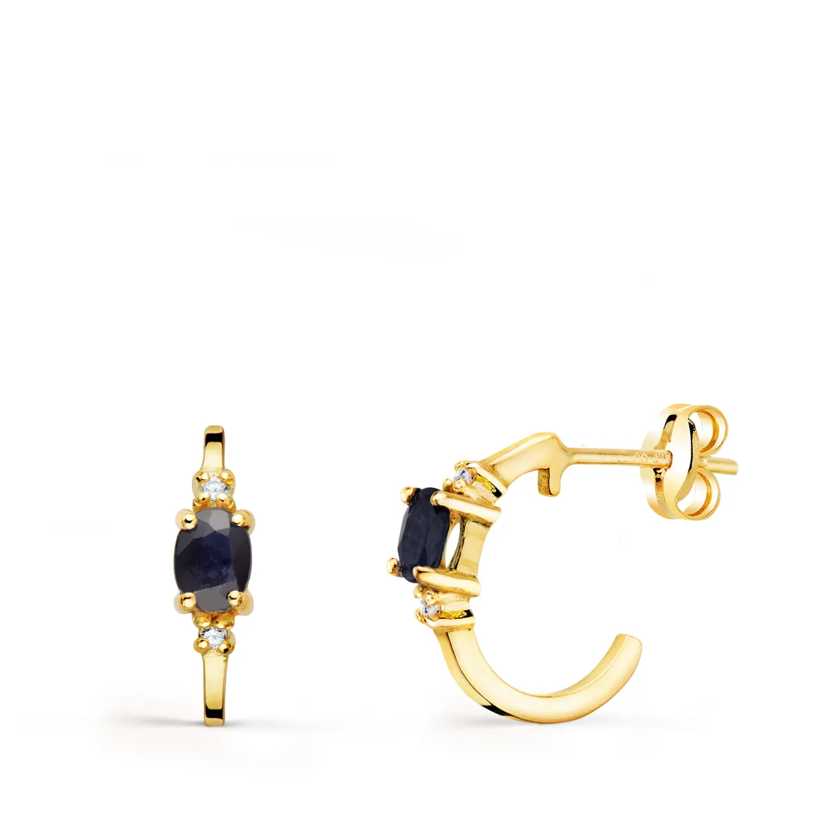 18K PENDIENTES ORO AMARILLO MEDIO ARO LISO CON ZAFIROS 12X3 MM CIERRE PRESION.