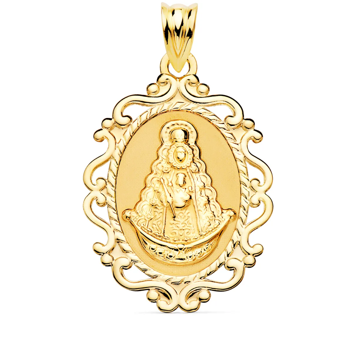18K MEDALLA ORO AMARILLO VIRGEN DEL ROCIO CERCO CALADO EN BRILLO 31X21 MM