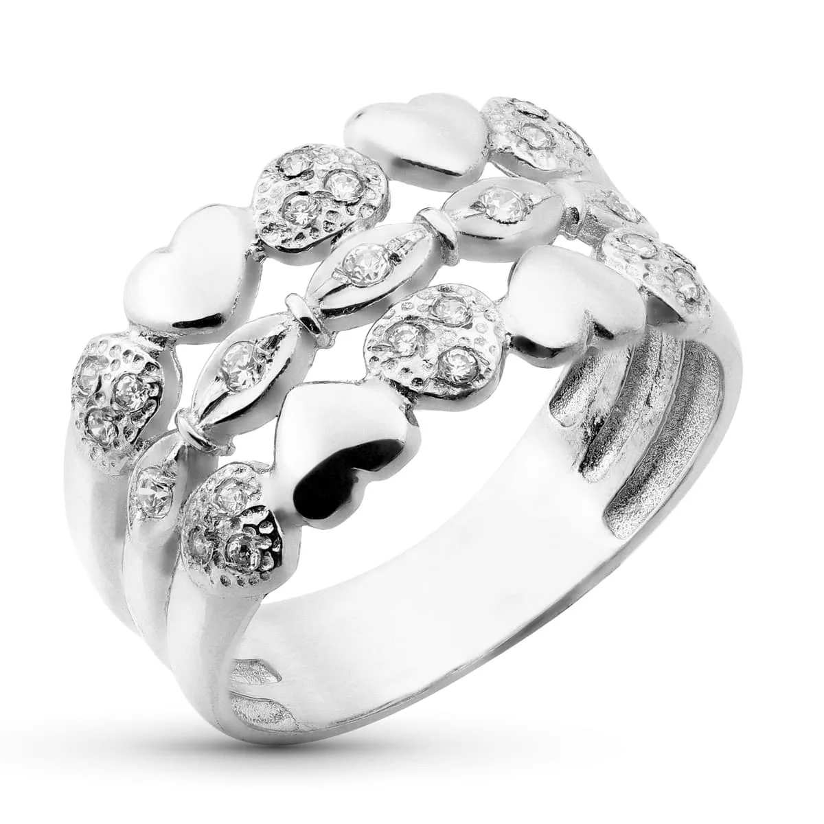 18K SORTIJA ORO BLANCO 3 HILOS CON CORAZONES. ANCHO: 11,5 MM