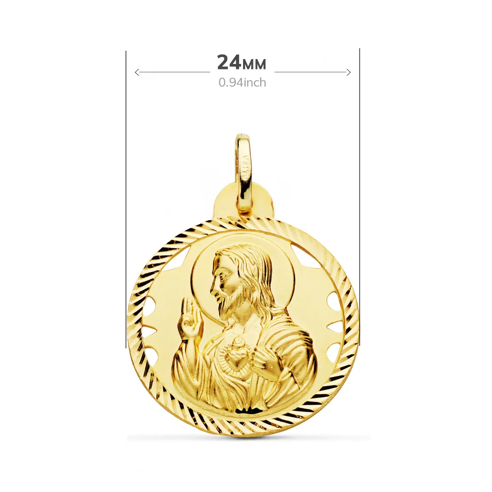 18K ESCAPULARIO ORO AMARILLO HELICE CALADO VIRGEN CARMEN Y CORAZON DE JESUS 24 MM — vista 2