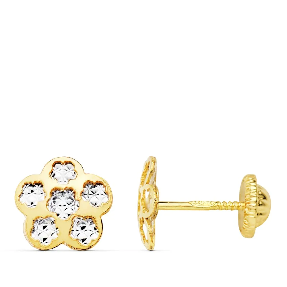 18K PENDIENTES TREBOL ORO BICOLOR 8X8 MM CIERRE TUERCA