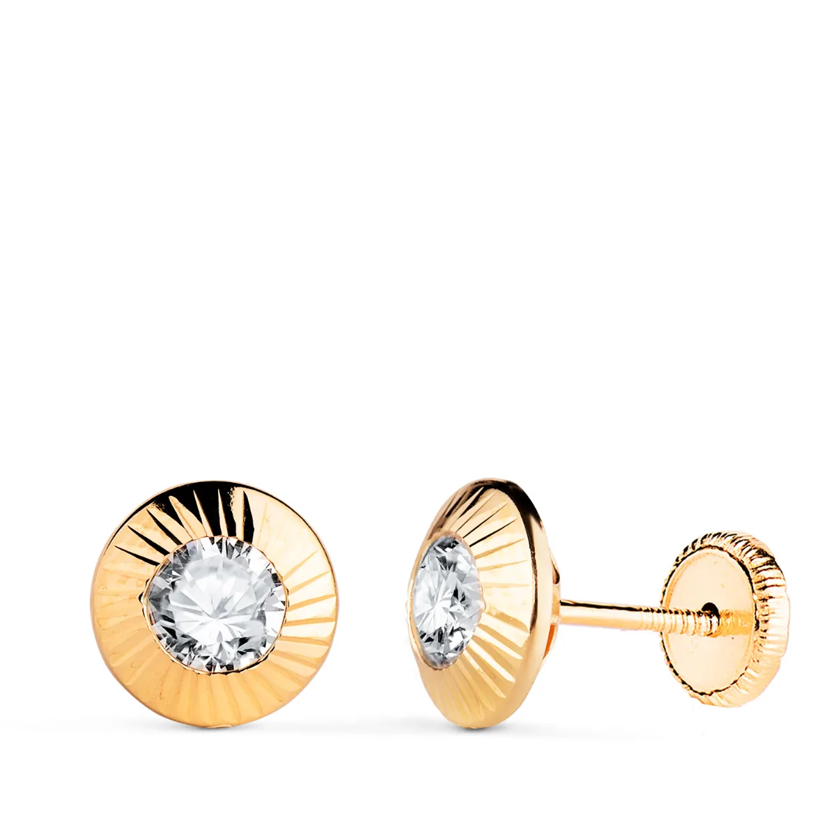 18K PENDIENTES ORO AMARILLO CHATON REDONDOS ORLA TALLADA CIRCONITA. MEDIDA: 9MM. CIERRE TUERCA