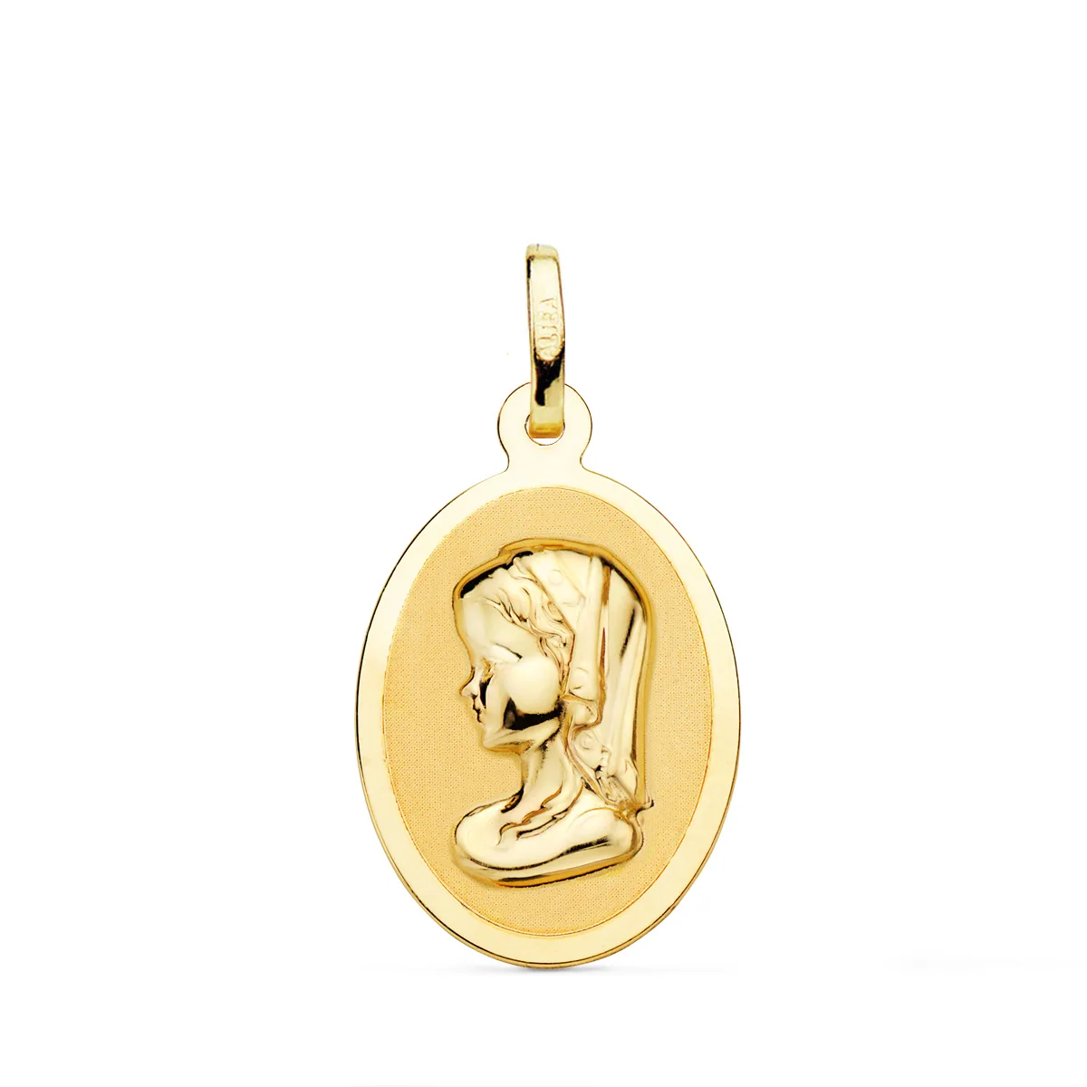 18K MEDALLA ORO AMARILLO VIRGEN NIÑA OVAL EN BRILLO 21X15 MM