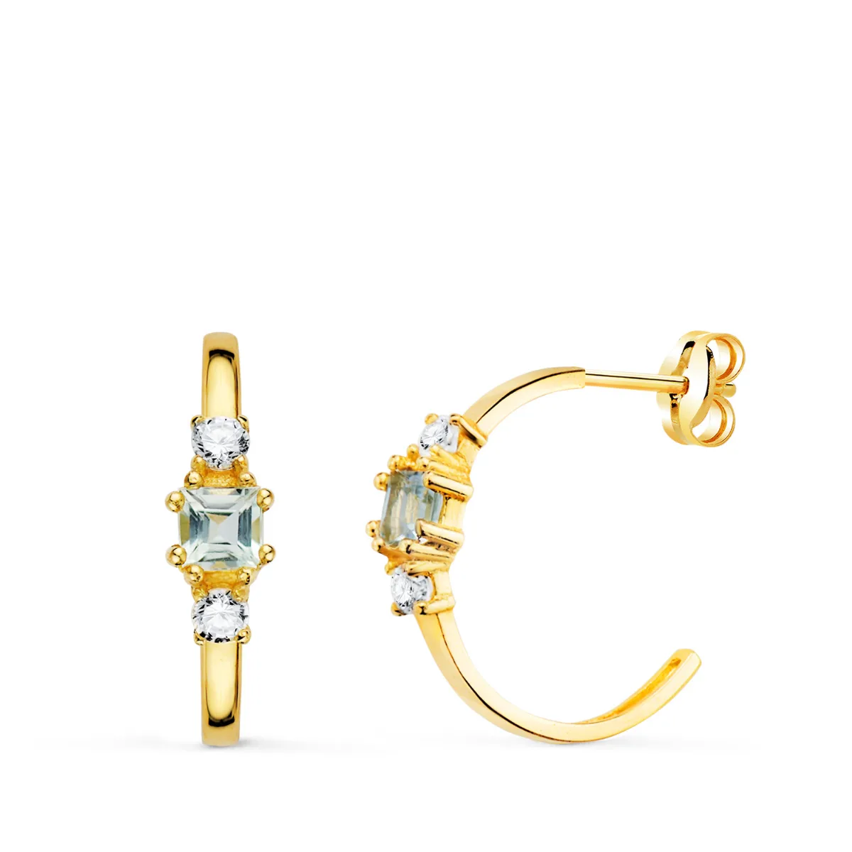18K PENDIENTES ORO AMARILLO MEDIO ARO AGUAMARINA CUADRADA Y CIRCONITAS. 14X3,5 MM CIERRE PRESION