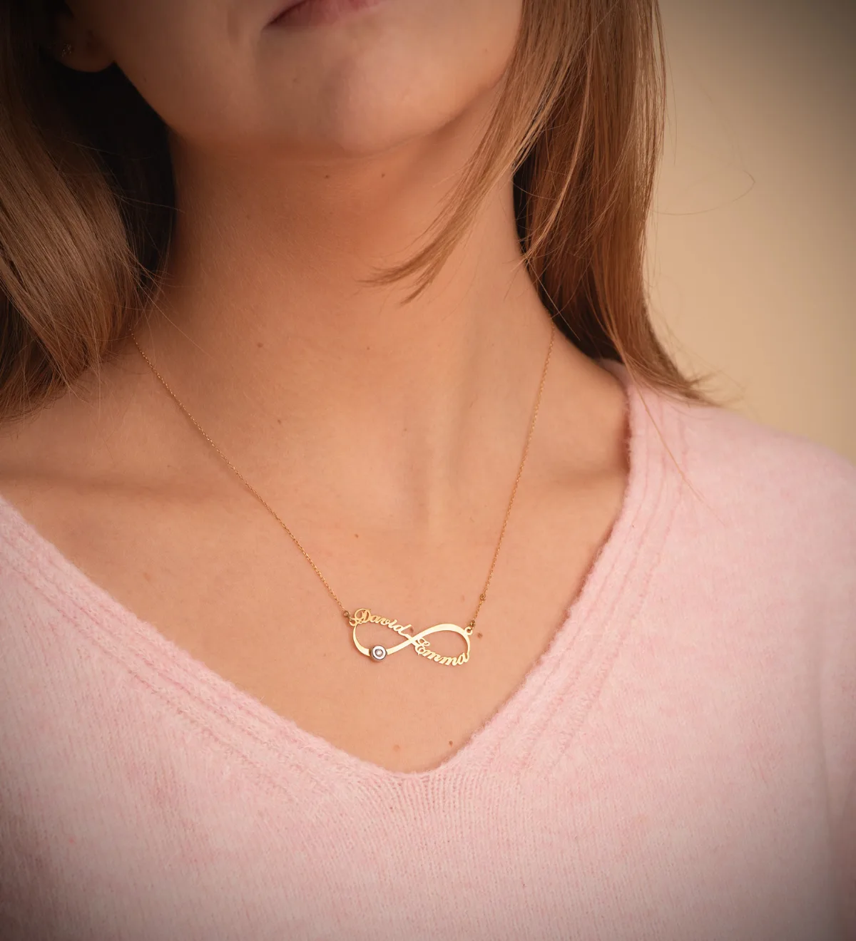 18K GARGANTILLA ORO BICOLOR INFINITO PERSONALIZADO 2 NOMBRES 35 MM DIAMANTE CADENA 44 2 CM — vista 2