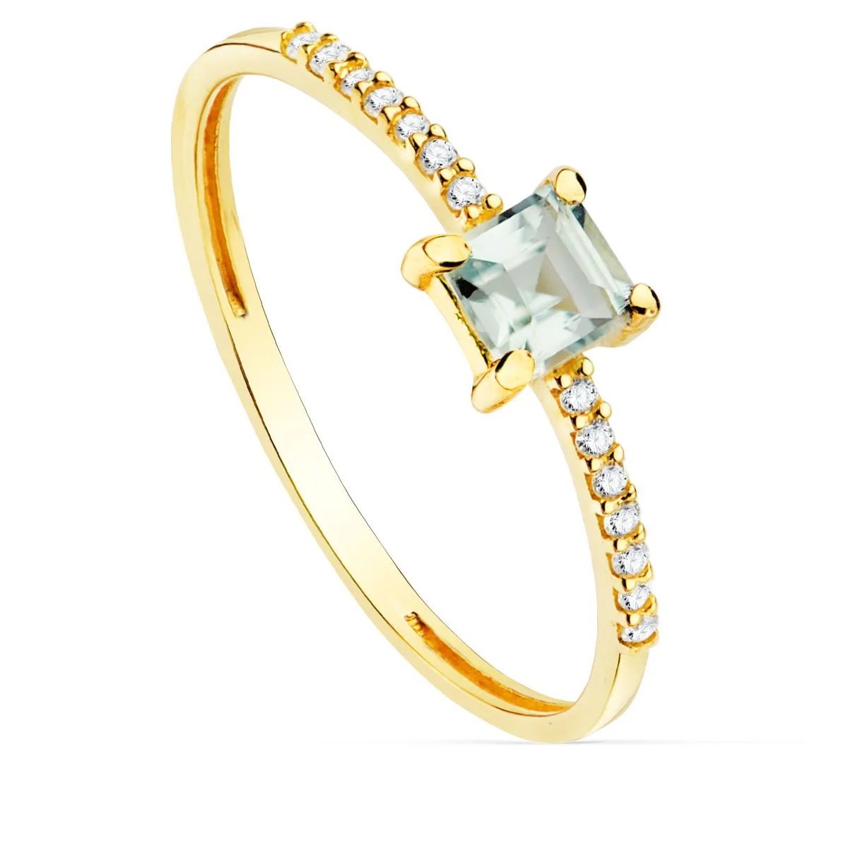 18K SORTIJA ORO AMARILLO 14 DIAMANTE 0.070  QTS. G-VS2 AGUAMARINA 4X4 MM ANCHO 1 MM