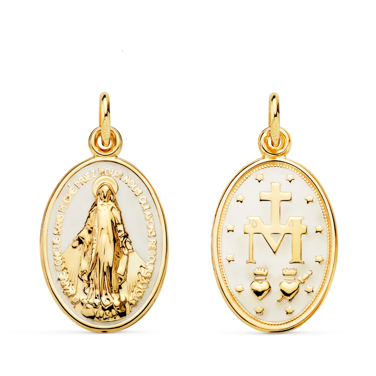 18K MEDALLA ORO AMARILLO VIRGEN MILAGROSA OVAL ESMALTE BLANCO. MEDIDA: 20 X 14 MM