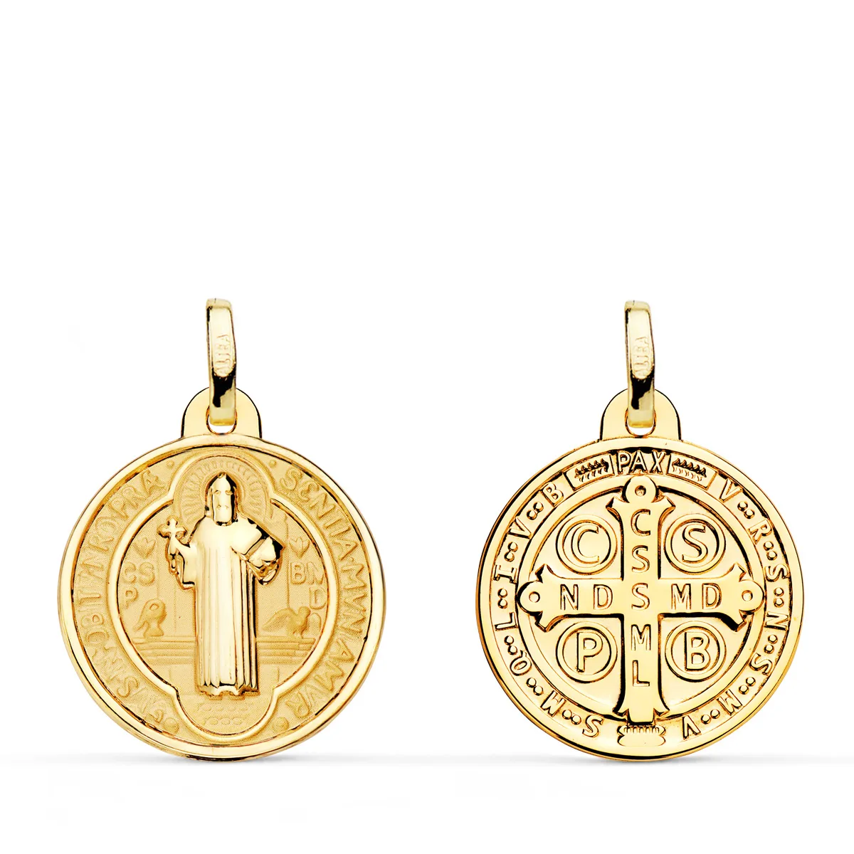 18K MEDALLA  ESCAPULARIO SAN BENITO MONJE BRILLO Y FONDO MATIZADO 18 MM ESPALDA EN BRILLO
