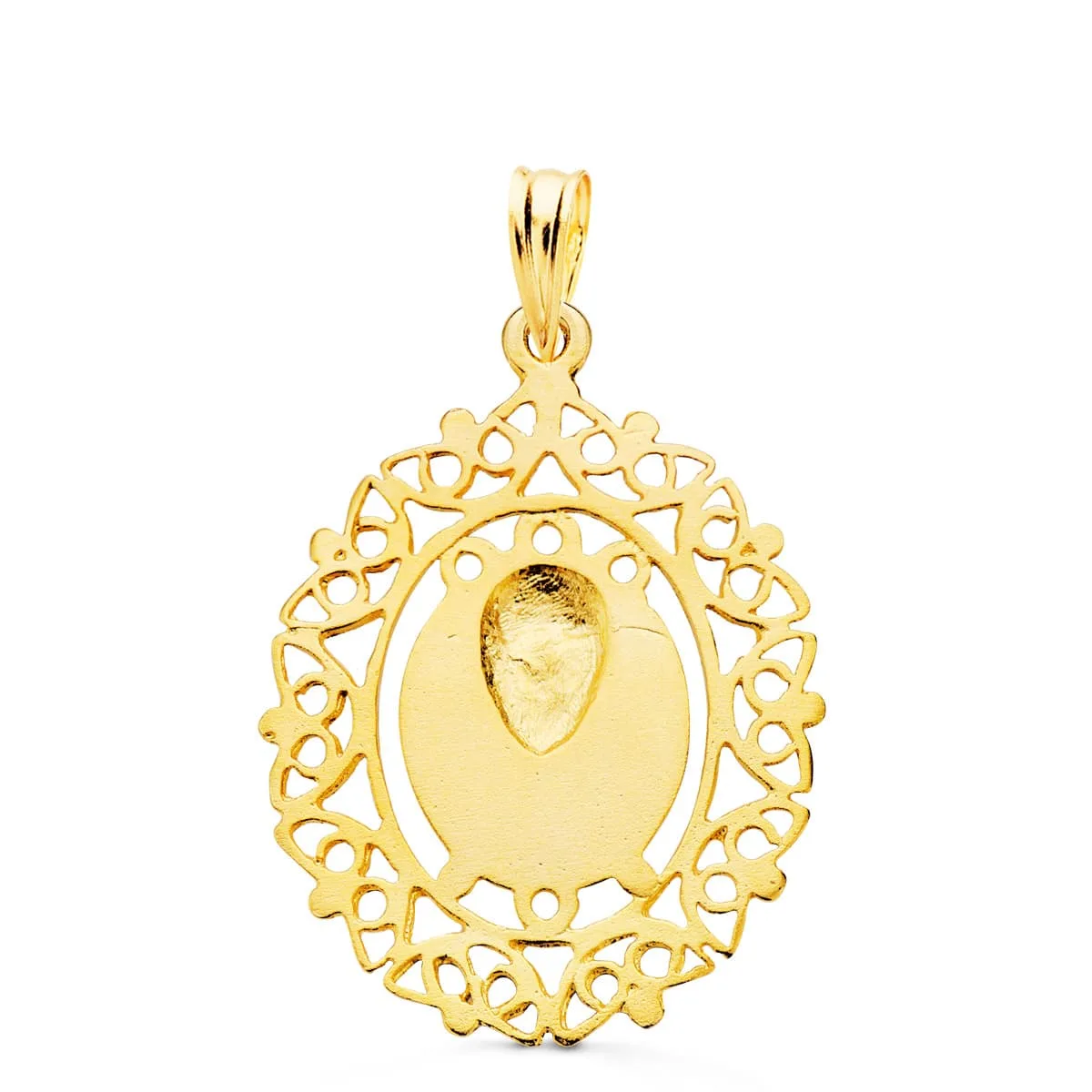 18K MEDALLA ORO AMARILLO VIRGEN DE LA MACARENA CERCO FILIGRANA 28X21 MM — vista 2