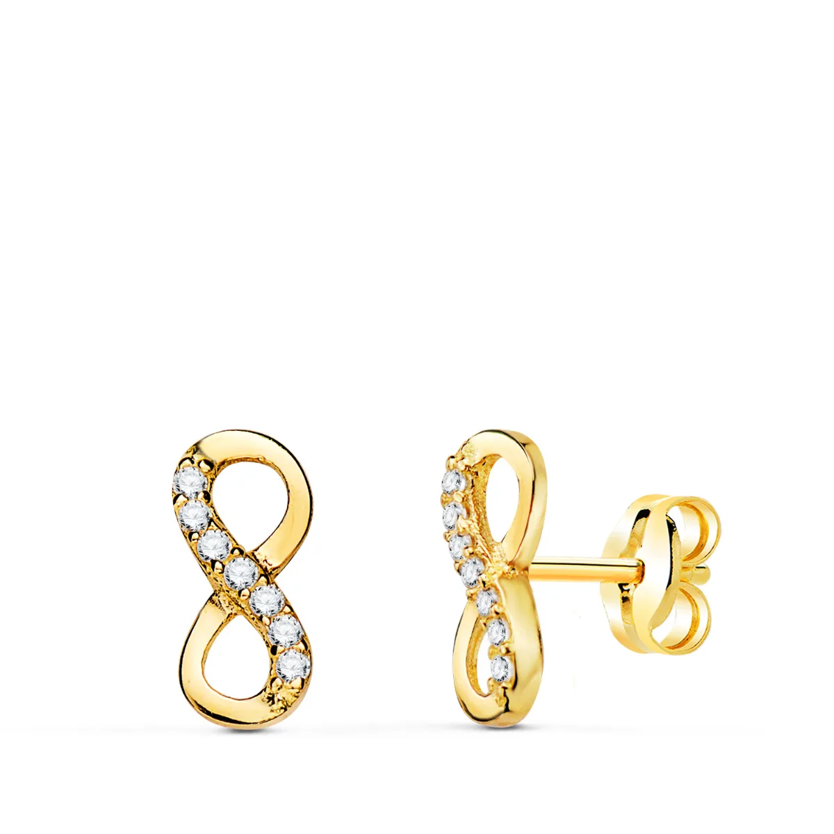 18K PENDIENTES ORO AMARILLO INFINITO CON CIRCONITAS. 9,5 X 4 MM. CIERRE PRESION