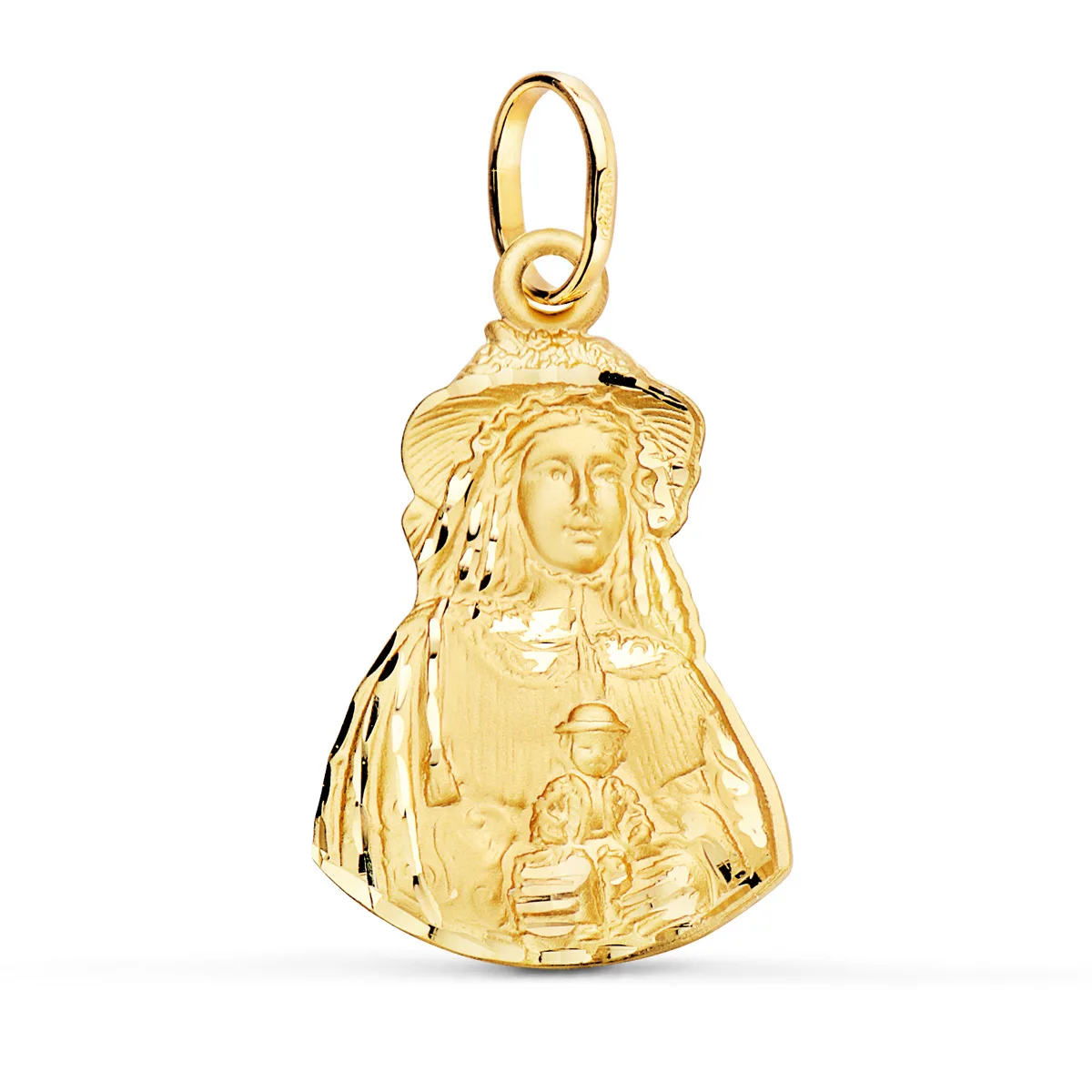 18K MEDALLA ORO AMARILLO VIRGEN DEL ROCIO PASTORA TALLADA 28X18 MM