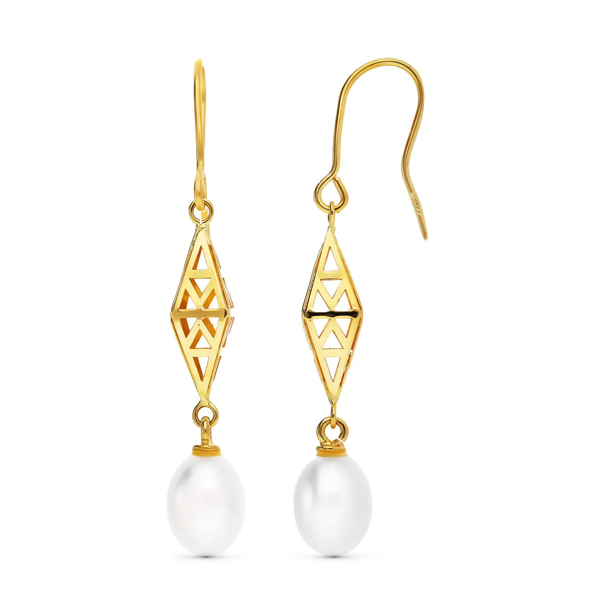 18K PENDIENTES ORO AMARILLO ROMBO 43X7 MM  PERLA CULTIVADA 9X7 MM CIERRE GANCHO