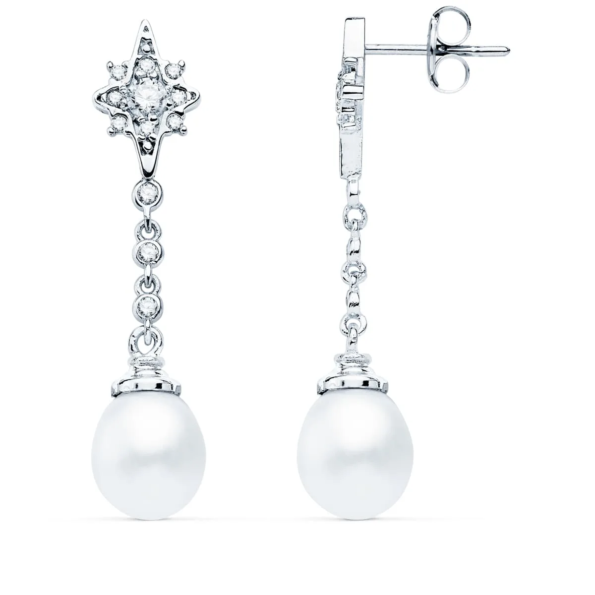18K PENDIENTES LARGOS ORO BLANCO PERLA Y CIRCONITA 37X7 MM CIERRE PRESION