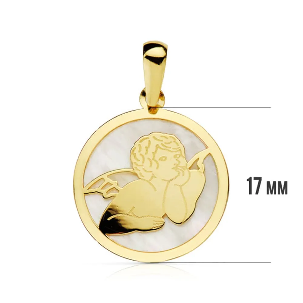 18K COLGANTE ORO AMARILLO REDONDO NACAR ANGEL 17 MM — vista 2