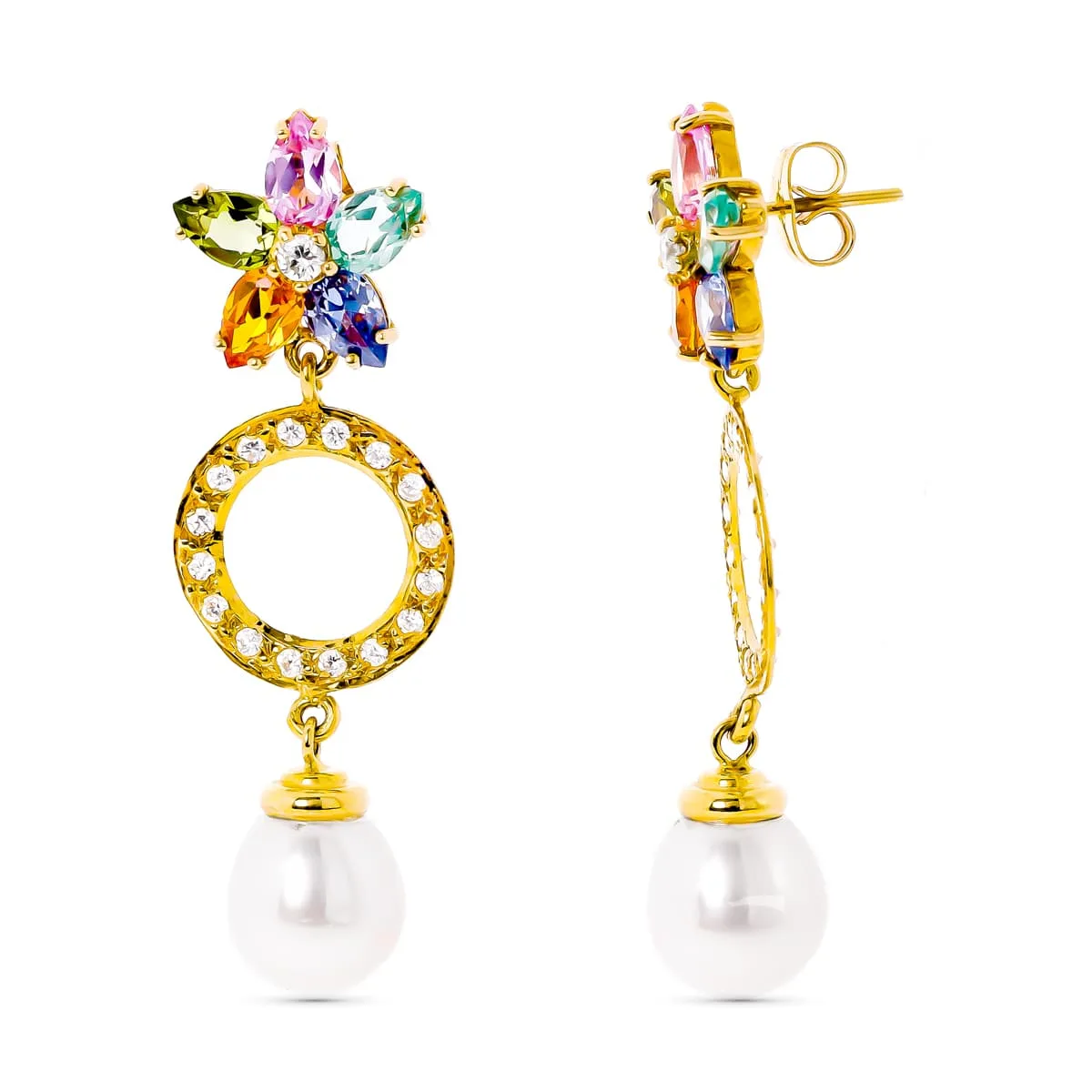 18K PENDIENTES ORO AMARILLO CIRCONITA Y PERLA Y FLOR DE PIEDRA DE COLOR CIERRE PRESION