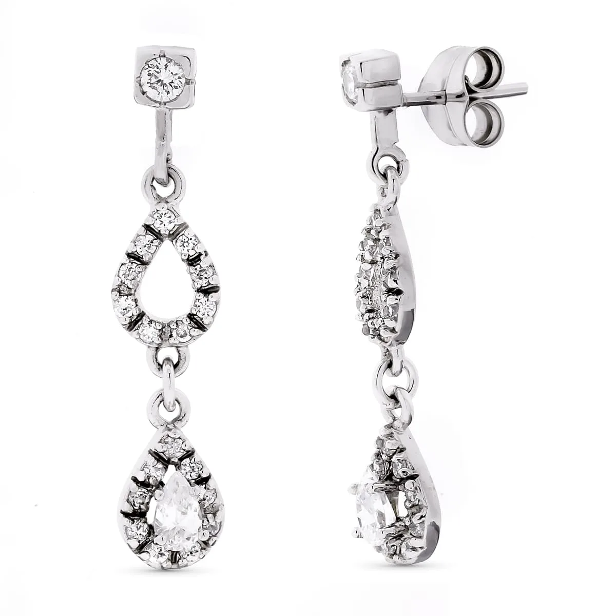 18K PENDIENTES ORO BLANCO LARGOS CIRCONITA 32X7 MM CIERRE PRESION