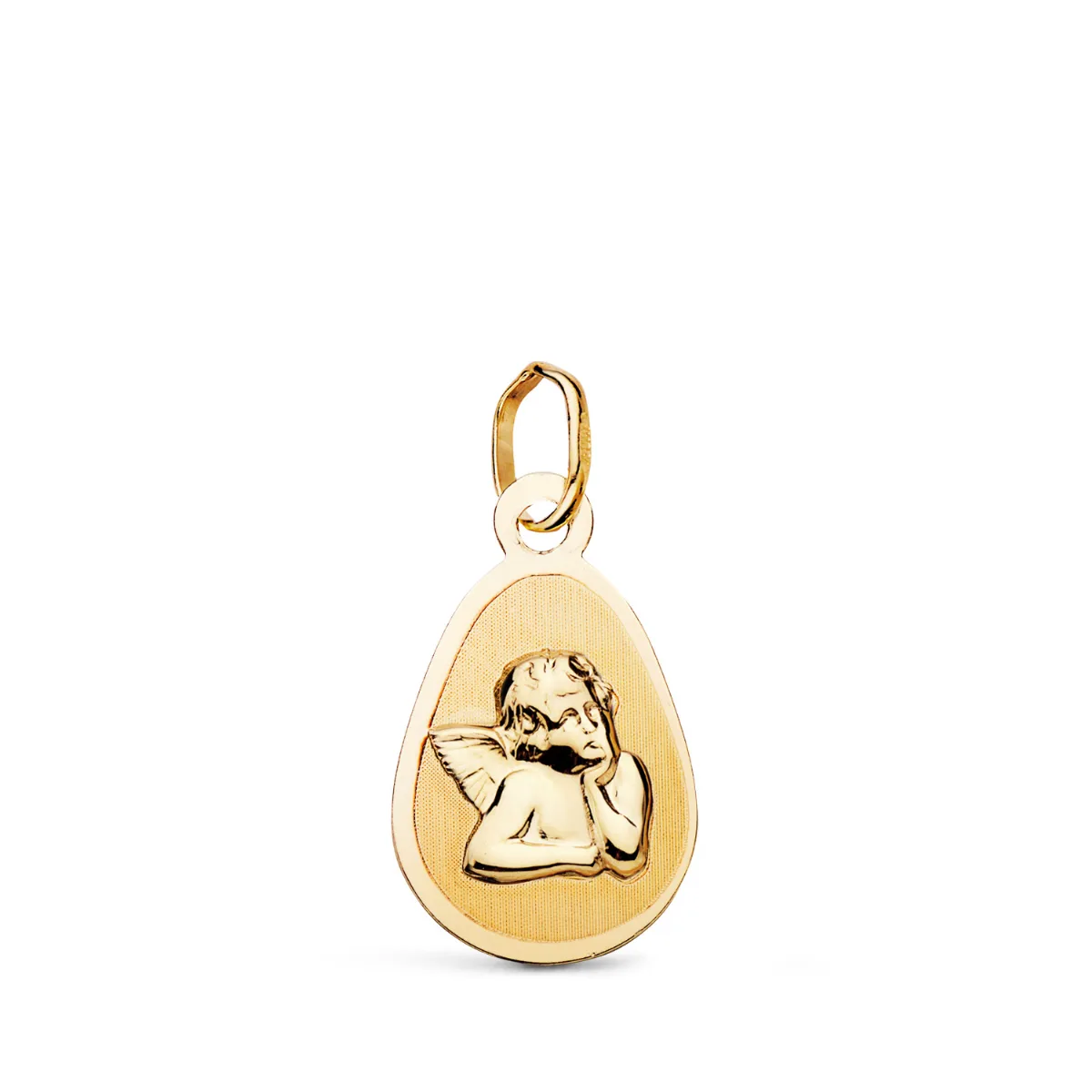 9K MEDALLA ORO AMARILLO ANGEL BURLON LAGRIMA MATE Y BRILLO. MEDIDA: 17 X 10 MM
