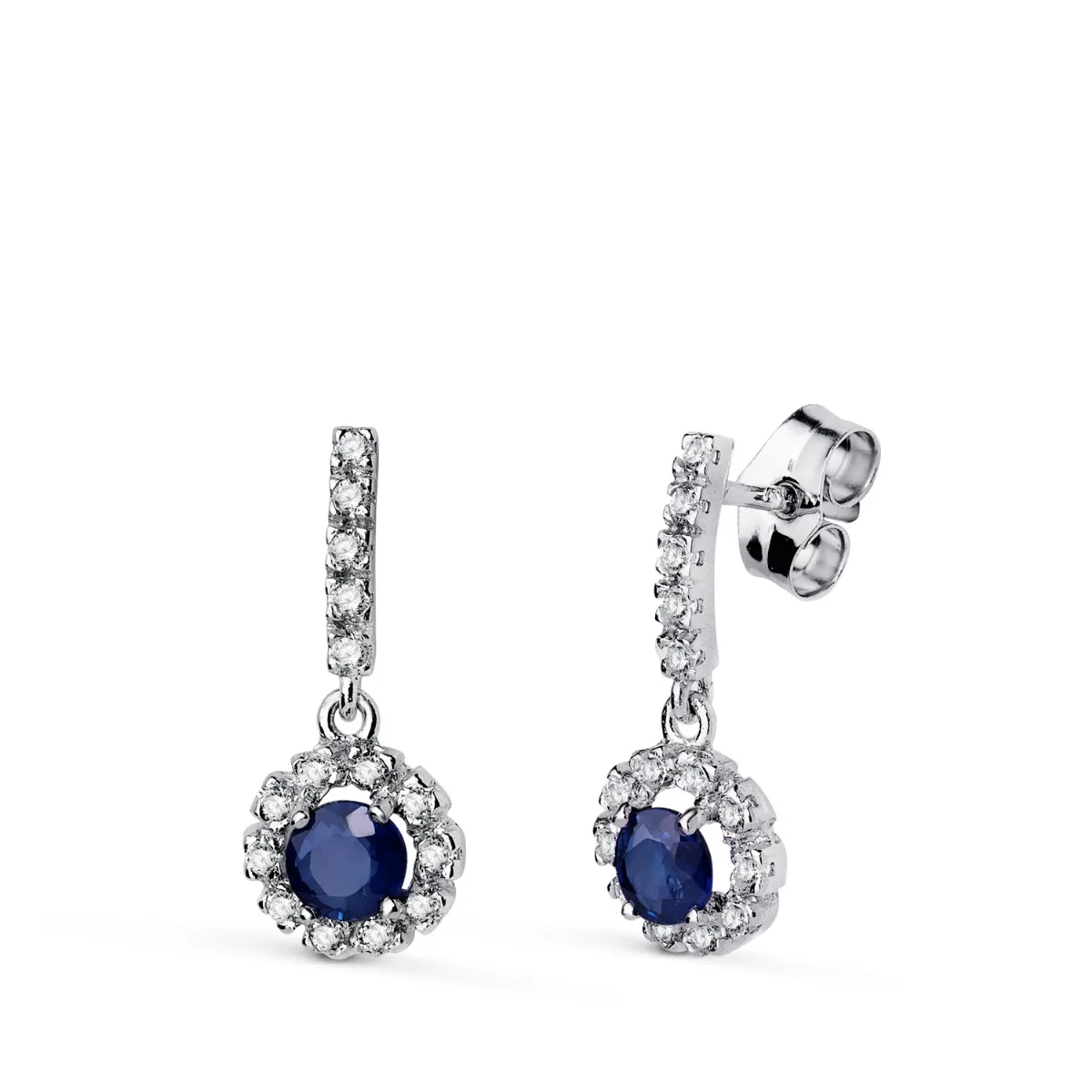 18K PENDIENTES ORO BLANCO ZAFIRO 4MM - 0,66 QTES Y CIRCONITAS. 18 X 7,5 MM. CIERRE PRESION