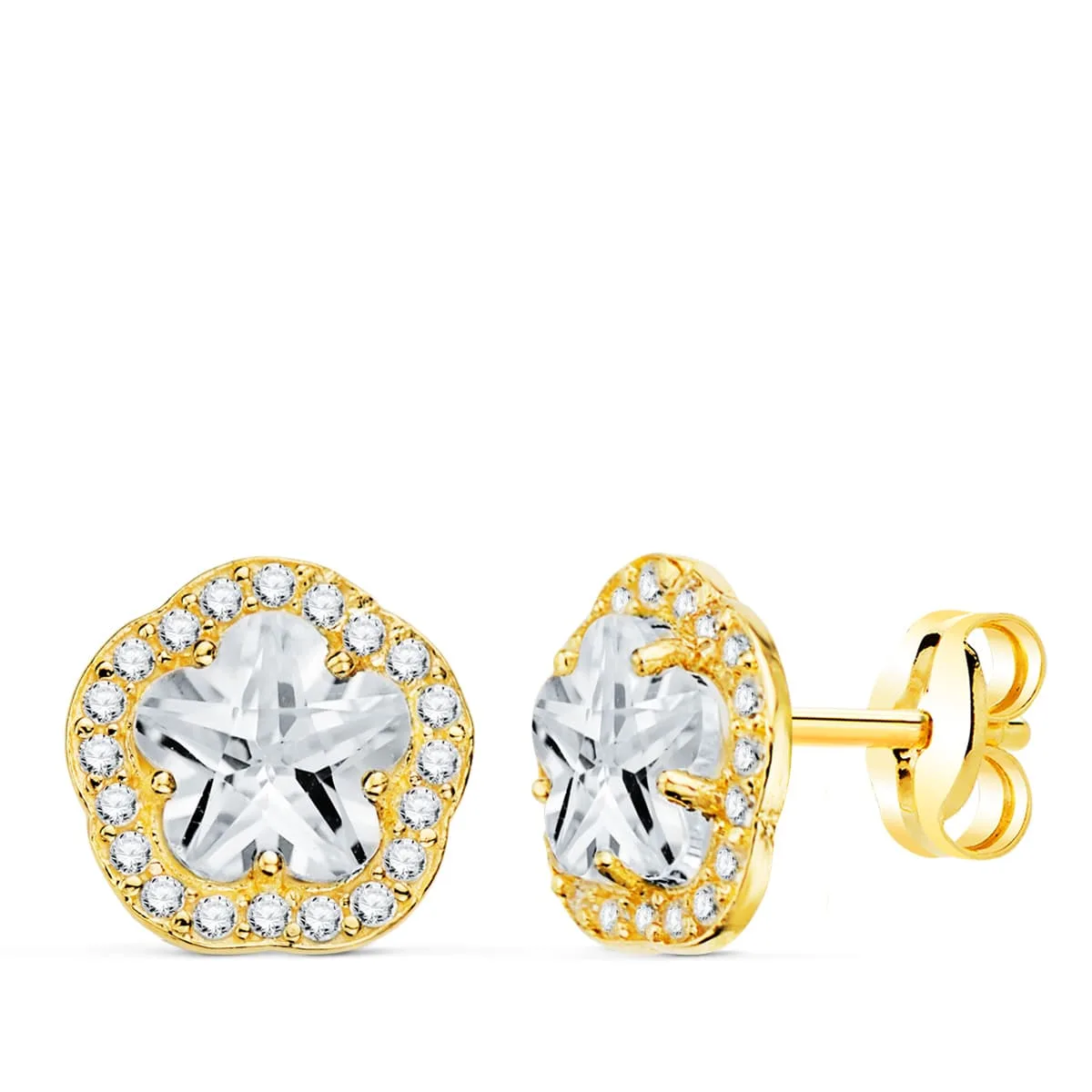 18K PENDIENTES ORO AMARILLO FLOR CIRCONITA GARRAS 9X9 MM CIERRE PRESION