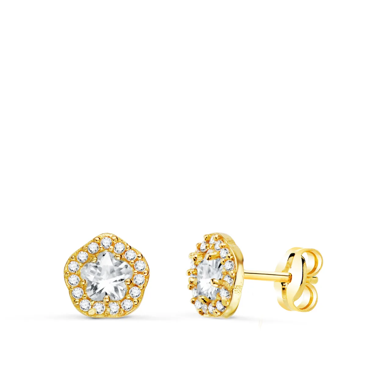 18K PENDIENTES ORO AMARILLO FLOR CIRCONITA BLANCAS 7 X 6,5 MM. CIERRE PRESION