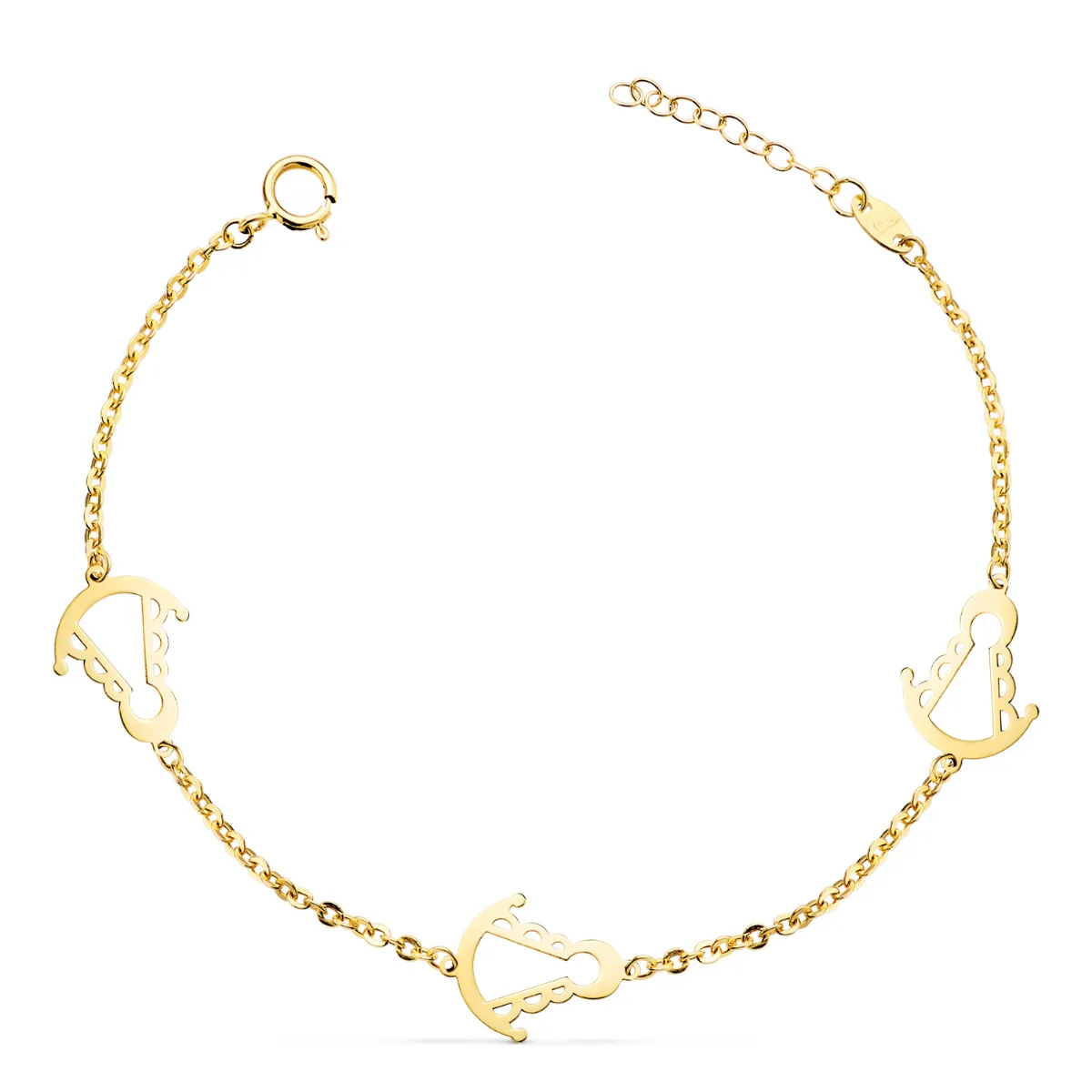 18K PULSERA ORO AMARILLO  TRES SLIUETAS VIRGEN ROCIO 14X11 MM CON. LARGO: 15,5 3 CM
