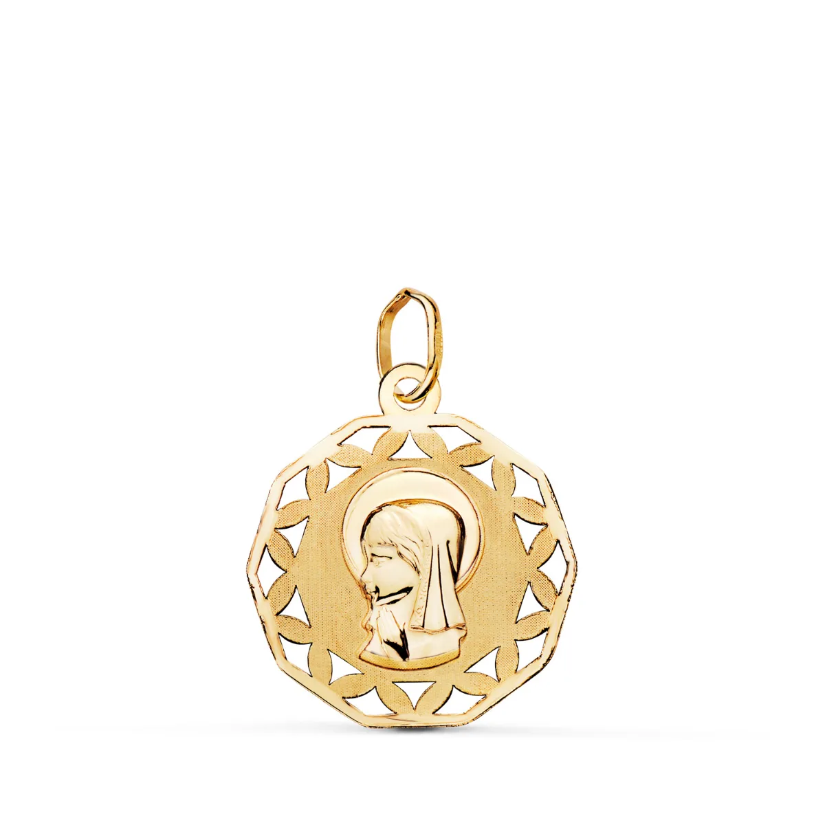 18K MEDALLA ORO AMARILLO VIRGEN NIÑA CALADA Y MATIZADA. MEDIDA: 19 X 16,5 MM