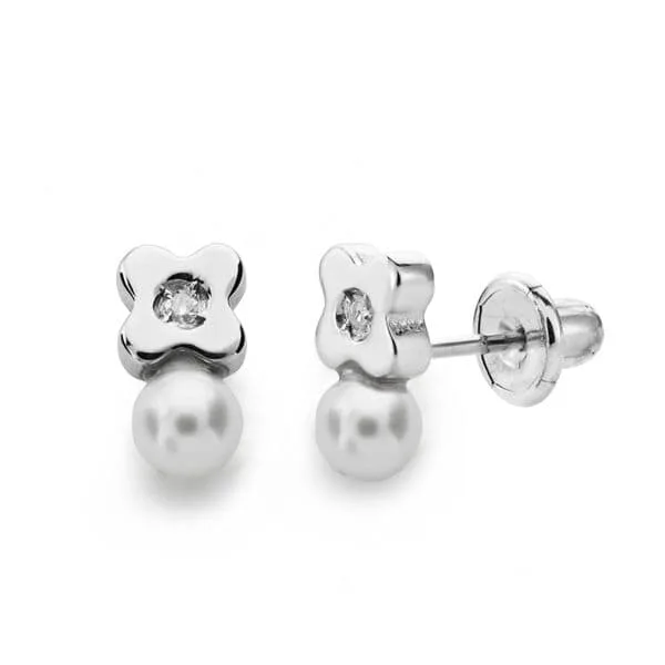 18K PENDIENTES ORO BLANCO PERLA 3 MM DIAMANTES NATURALES SI-H TALLA BRILLANTE 0,012 QTS. CIERRE TUERCA