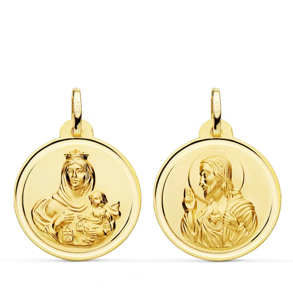 18K ESCAPULARIO ORO AMARILLO BISEL ORO AMARILLO VIRGEN DEL CARMEN CORAZON DE JESUS 22 MM