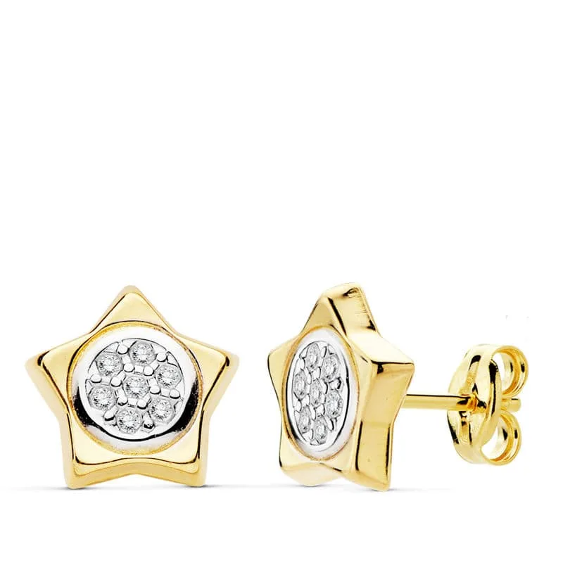 18K PENDIENTES ORO BICOLOR ESTRELLA 9X9 MM CIERRE PRESION