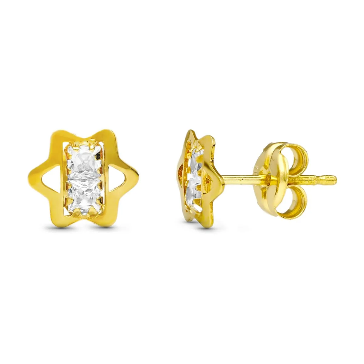 18K PENDIENTES ORO AMARILLO ESTRELLA CIRCONITA 6X6 MM CIERRE PRESION