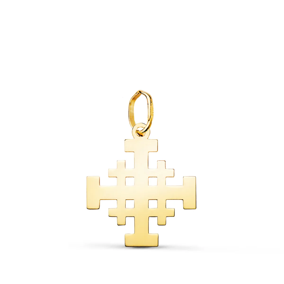 18K COLGANTE ORO AMARILLO CRUZ DE JERUSALEN SILUETA EN BRILLO. 17 X 15 MM