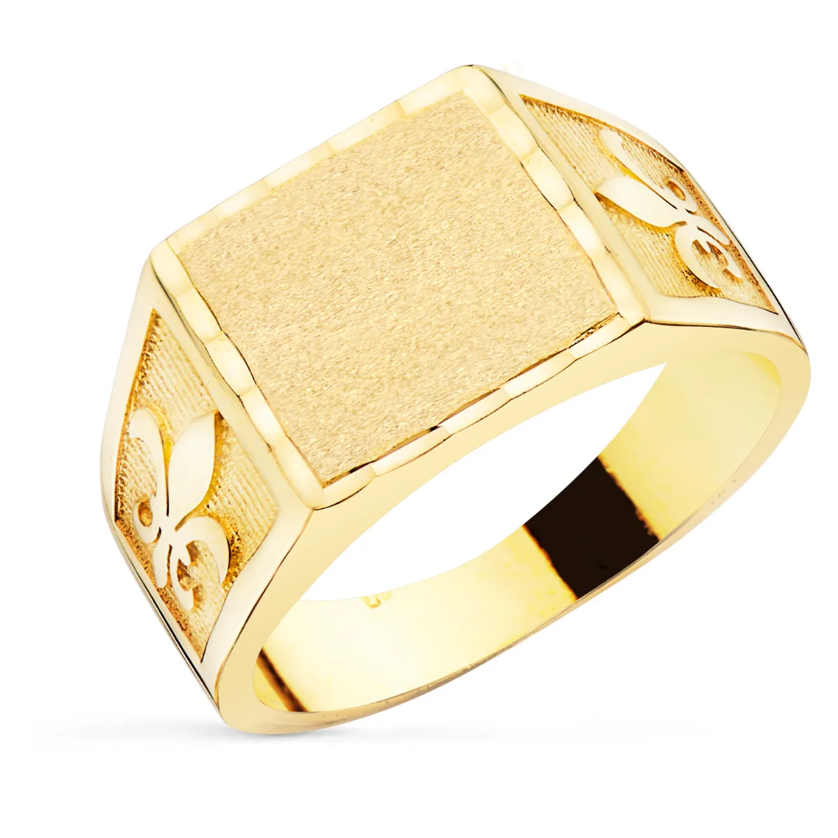 18K SELLO ORO AMARILLO CABALLERO MACIZO FLOR DE LIS TALLADO ZONA GRABADO 11,5 X 11MM