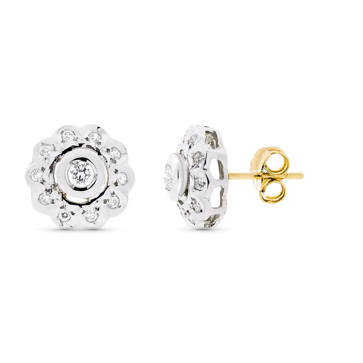 18K PENDIENTES ORO BLANCO ROSETON CIRCONITA 12 MM CIERRE TUERCA