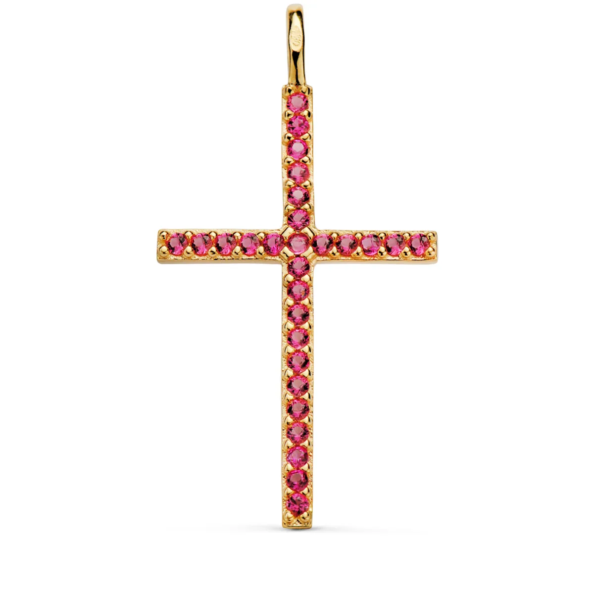 18K CRUZ ORO AMARILLO CON CIRCONITA ROJAS 37 X 19 MM. ANILLA FIJA