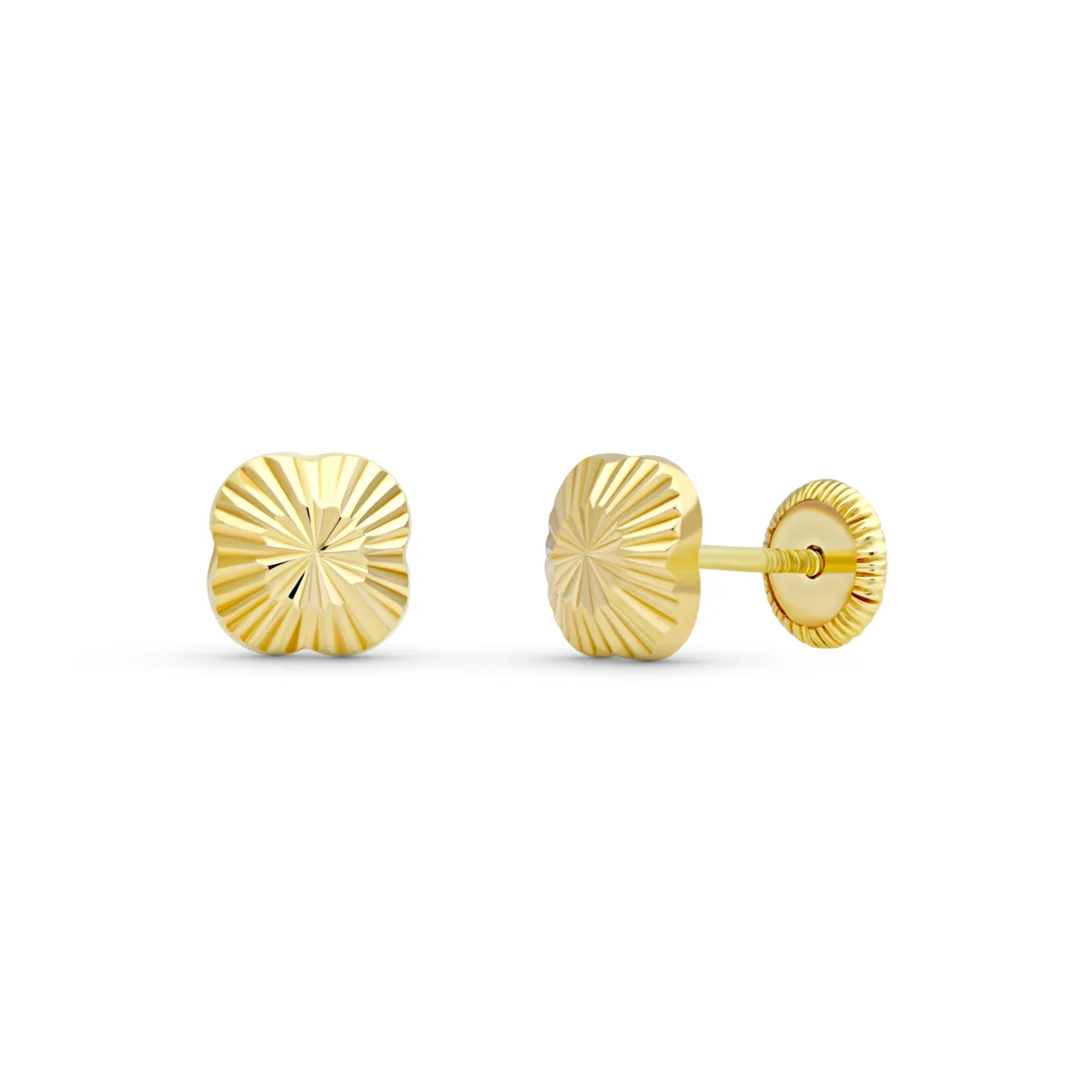 18K PENDIENTES ORO AMARILLO FLOR TALLADAS. 6X6 MM CIERRE TUERCA