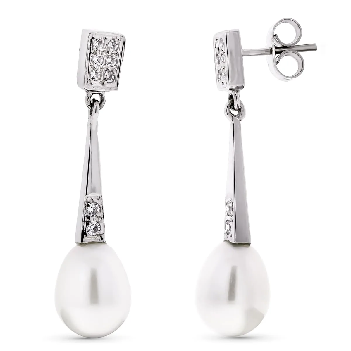 18K PENDIENTES ORO BLANCO LARGOS PERLA Y CIRCONITA CIERRE PRESION